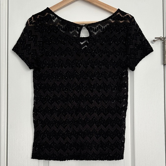 Forever 21 Black Textured Short Sleeve shimmery lace Top - Picture 3 of 8